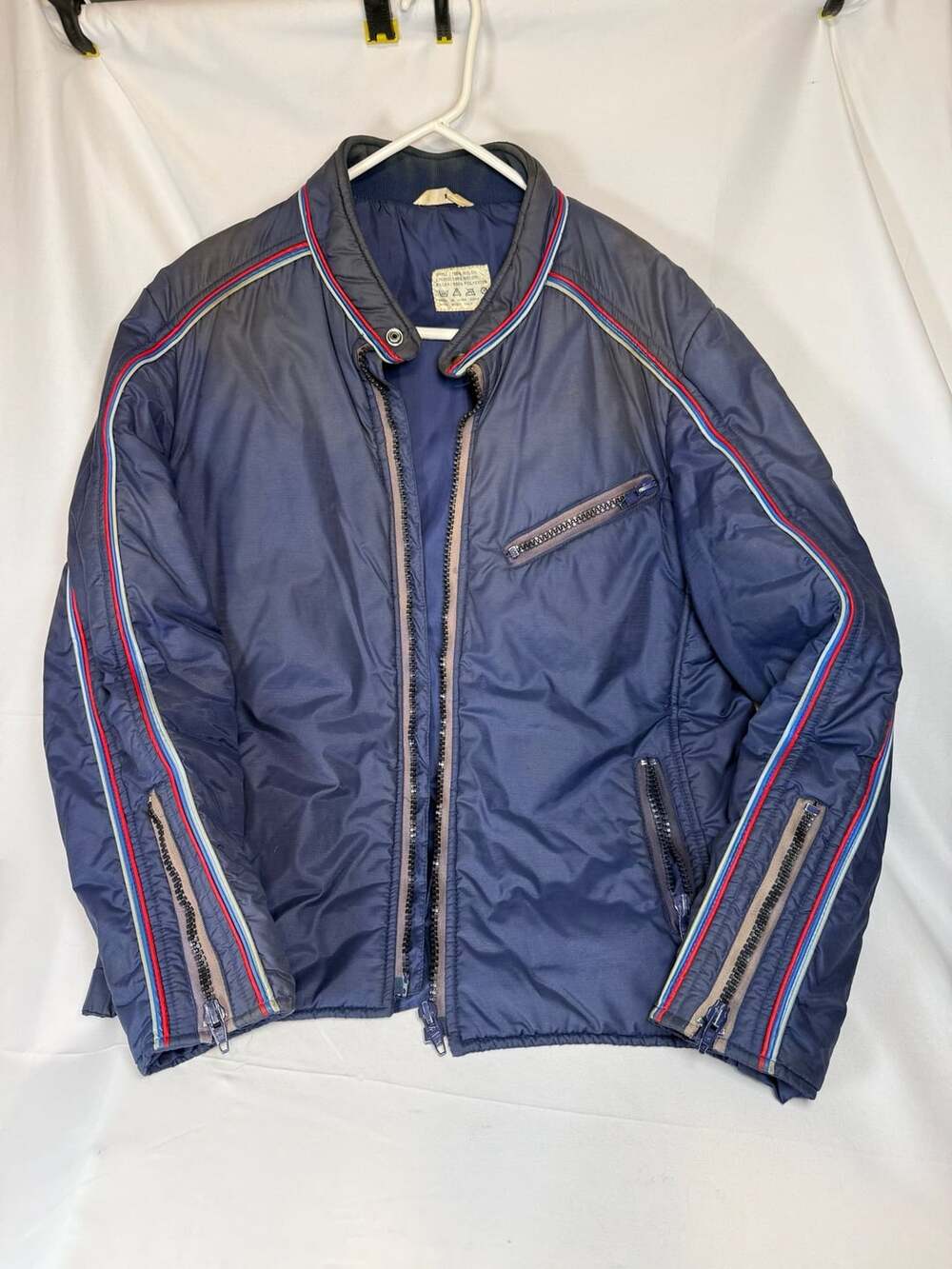 BMW Motorsports Nylon Racing Jacket Navy Blue Striped Stand Collar Men's Medium